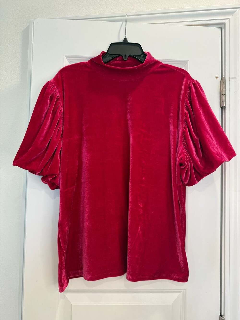 Laurel Grey Hot Pink Velvet Puff Sleeve Mock Neck Top XL